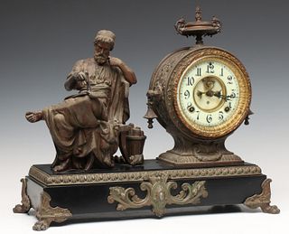 A GOOD ANSONIA STATUE CLOCK WITH CARTOGRAPHER