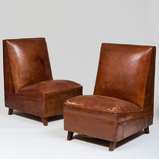 Pair of French Art Deco Leather Club Chairs with Canted Backs