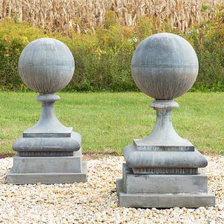 Pair of Large Zinc Orb Finials Mounted on Cement Bases