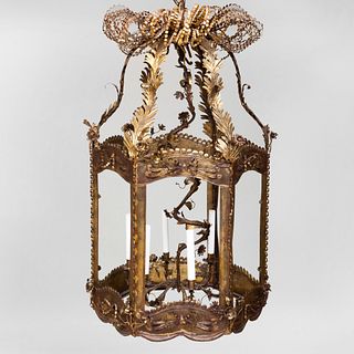 Large French Baroque Style Gilt Tôle Six-Light Hall Lantern