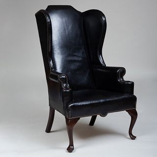 George II Style Mahogany and Leather Upholstered Wing Chair