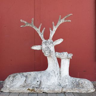Composition Stone and Cement Sculpture of a Stag and Fawn