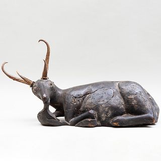 Horn Mounted Carved and Painted Figure of a Recumbent Stag, Possibly Southeast Asian