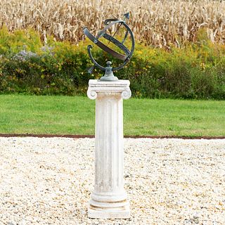 Patinated Metal Armillary Sphere on a Stone Columnar Base