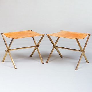 Pair of Gilt-Metal and Suede Folding Campaign Stools 