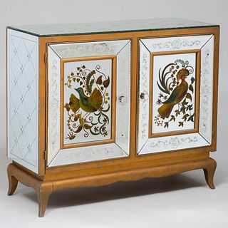 French Polychrome-Painted and Mirrored Two-Door Credenza