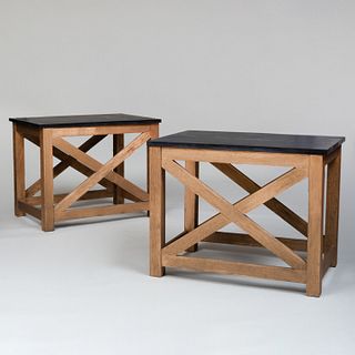 Pair of Modern Gilt Limed Oak Tables with Slate Tops, Designed by Stephen Sills