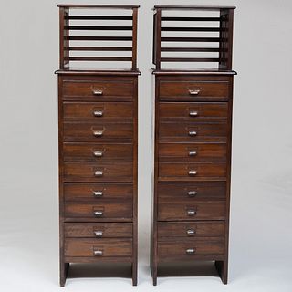 Pair of Continental Metal-Mounted Stained Oak File Cabinets, Possibly English