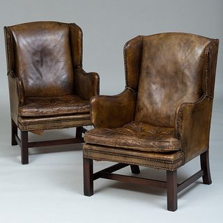 Pair of George III Style Mahogany and Leather Upholstered Small Wing Chairs