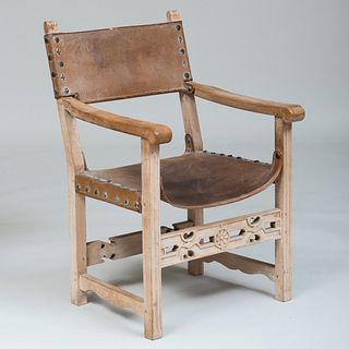 English Arts and Crafts Leather and Bleached Walnut Armchair