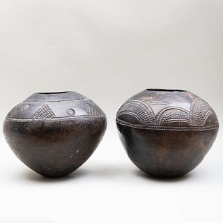 Two Burnished and Carved Black Pottery Vases, Possibly African
