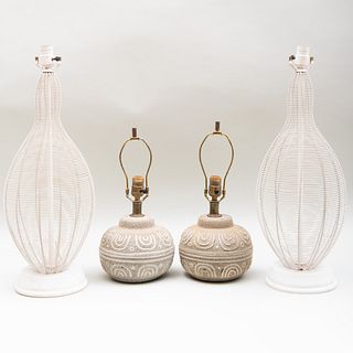 Pair of White Painted Wire Gourd Form Table Lamps and a Pair of Glazed Pottery Table Lamps