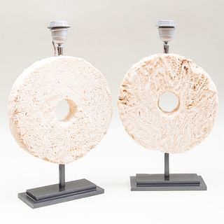 Pair of Carved Coral Stone Discs Mounted as Lamps