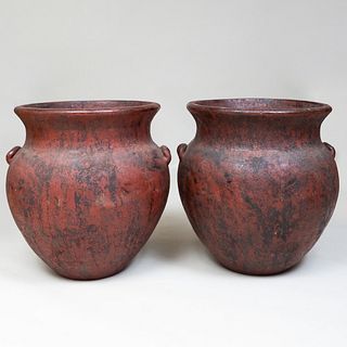 Pair of Large Patinated Pottery Two Handled Jars
