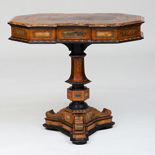 Unusual Continental Painted and Inlaid Rosewood, Walnut and Ebonized Center Table