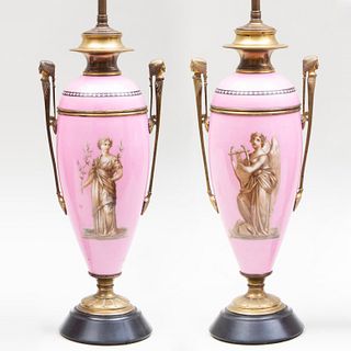 Pair of French Gilt-Metal-Mounted Pink Ground Porcelain Vases and Covers Mounted as Lamps 
