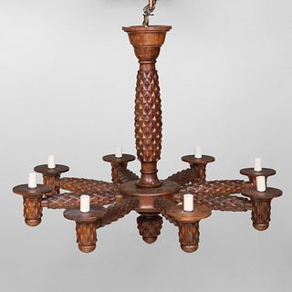 Modern Rustic Carved Wood Eight-Light  Chandelier