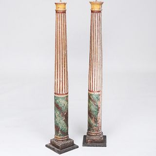 Pair of Fluted Columnar Carved Wood and Painted Faux Marble Floor Lamps