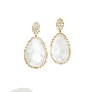 Mish Oval Dome Drop Earclips,18k Gold, Diamond Pavé and Mother of Pearl