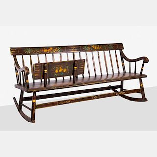 An American Stencil Painted Pine Nanny Rocking Bench with Cradle Insert, 20th Century.