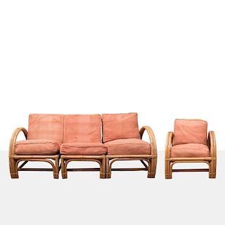A Vintage Rattan Sectional Sofa and Armchair, 20th Century.