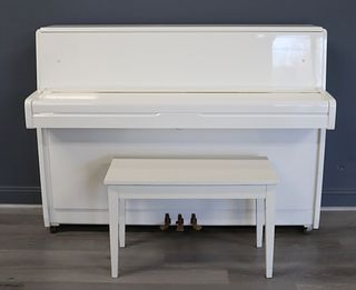 Yamaha White Lacquered Upright Piano.