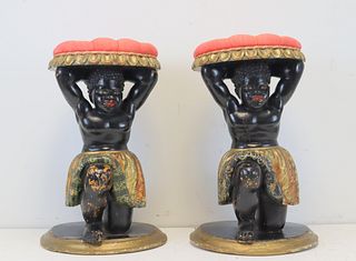 An Antique Pair Of Ebonised, Carved Polychrome