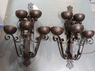 Pair Of Large Iron 5 Light Architectural Sconces
