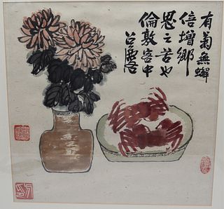 Signed Chinese Watercolor of Crabs and Flowers.