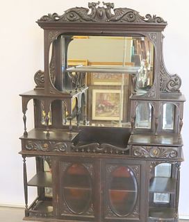 Antique Mahogany Carved Mirror Back Etagere.