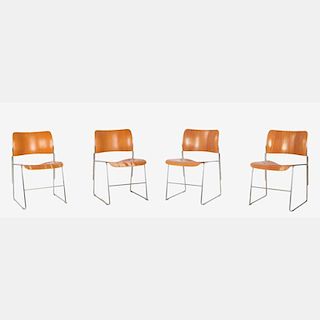 A Group of Four David Rowland 40/4 Laminated Wood on Chrome Frame Stacking Chairs, 20th Century.