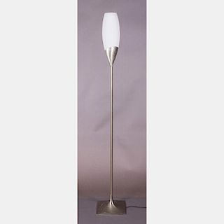 A Gerald Thurston Chrome and Handblown Glass Shade Floor Lamp, 20th Century.