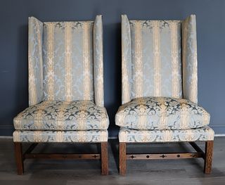 BAKER. Signed Pair Of High Back Wing Chairs.