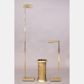 A Group of Two Brass Lamps and an Umbrella Holder, 20th Century.