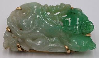 JEWELRY. 14kt Gold Mounted and Carved Jade Brooch.