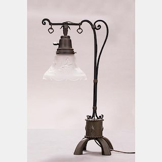 A Brass, Wrought Iron and Etched Glass Table Lamp, 20th Century.