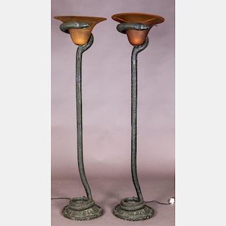 A Pair of Art Deco Edgar Brandt Style Brass and Glass Floor Lamps, 20th Century.