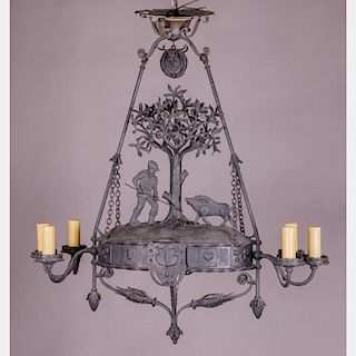 A Black Forest Style Wrought Metal Figural Six-light Chandelier Depicting a Boar Hunting Scene, 20th Century.