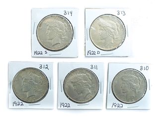 5 1922 Silver Peace Dollars