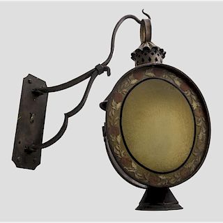 A Continental Brass, Wrought Metal and Glass Hanging Lantern, 20th Century.