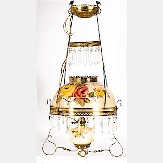A Victorian Painted and Clear Glass and Brass Hanging Oil Lamp Light Fixture, 20th Century.