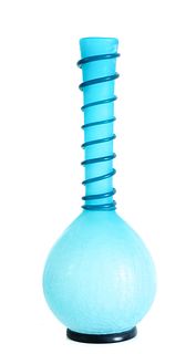 Blue Crackle Art Glass Vase w/Applied Rigaree