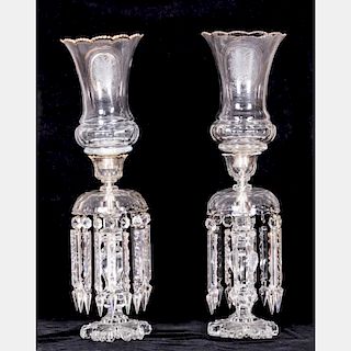 A Pair of Cut Glass Lustres with Cut and Etched Glass Hurricane Shades, 19th Century.