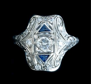 Art Deco Style Platinum Diamond & Sapphire Ring
