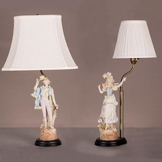 A Pair of Bisque Porcelain Figural Table Lamps, 20th Century.