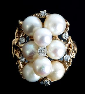 14K Yellow Gold Pearl & Diamond Ring, Size 6