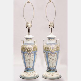 A Pair of Urn Form Porcelain Table Lamps, 20th Century.
