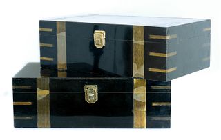 Pair, Campaign Style Lacquered Brass Inlaid Boxes