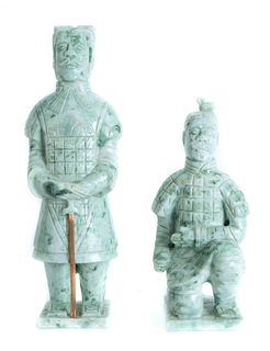 Two Chinese Green Jade Carved Warriors
