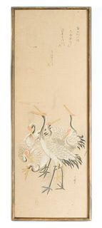Asian Painting on Linen of Red-Crowned Cranes